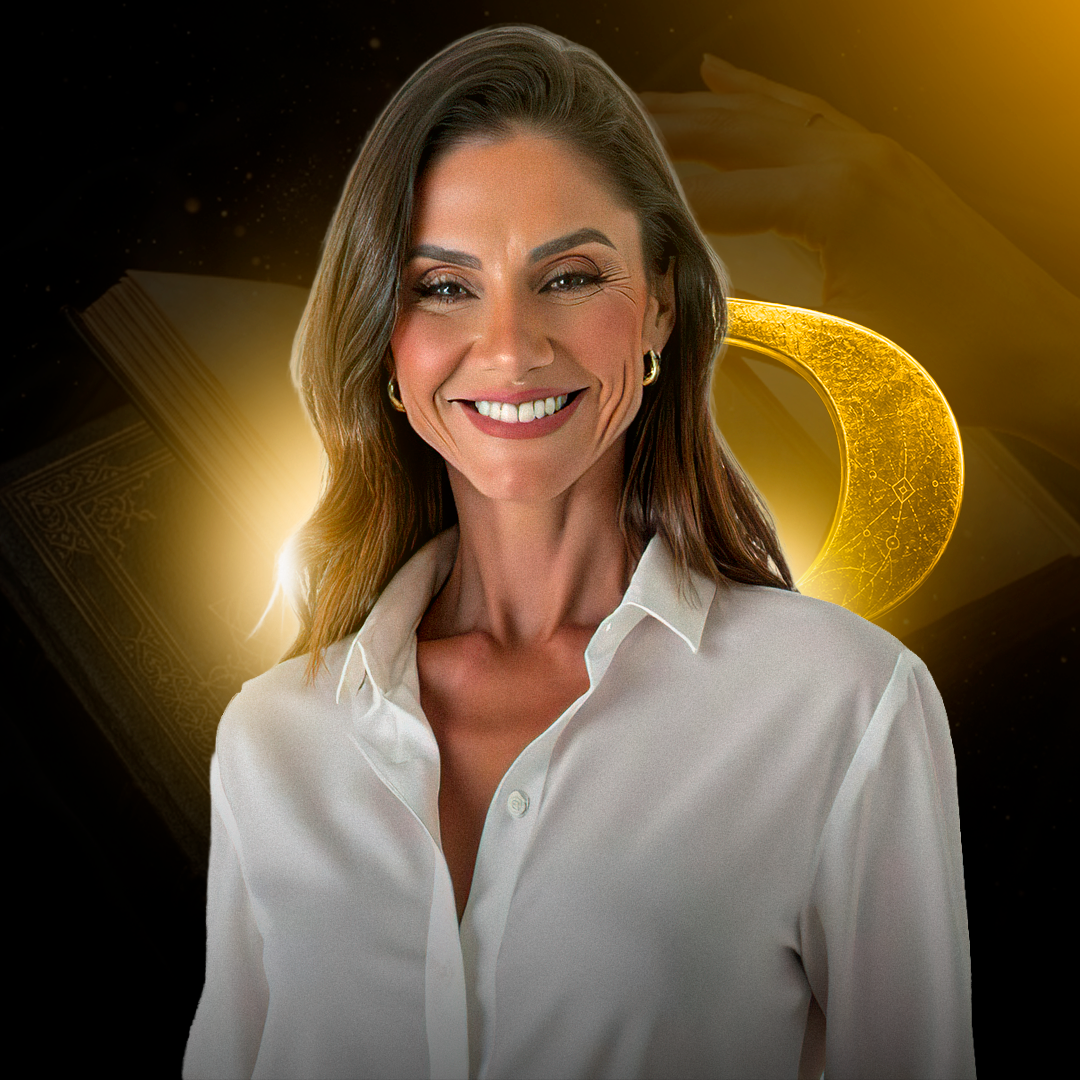 Michelle Gil de camisa branca, com brilho dourado ao fundo — parte da manhã