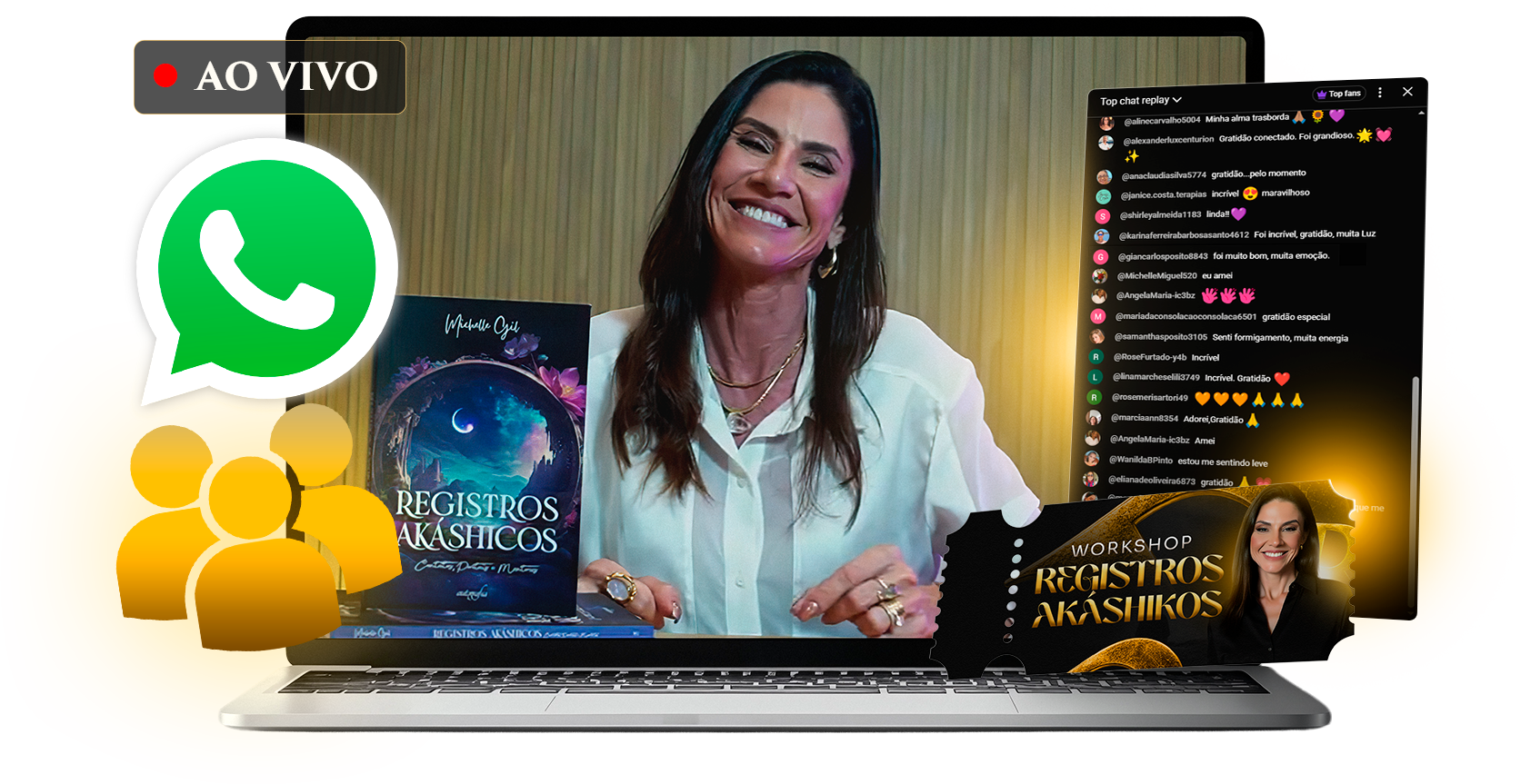 Notebook exibindo o workshop ao vivo com Michelle Gil, chat de participantes, ingresso do workshop e ícone do WhatsApp
