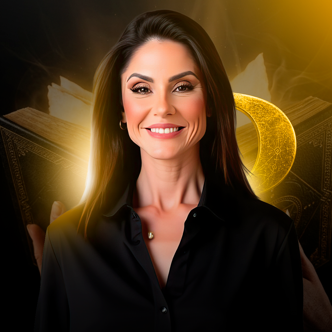 Michelle Gil de camisa preta, com brilho dourado ao fundo — parte da tarde